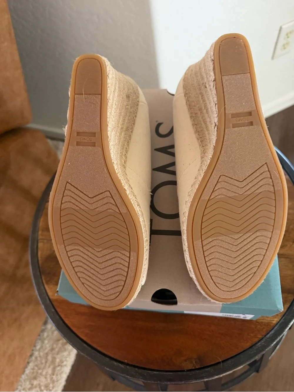 NIB-Toms Natural Canvas Peep-Toe Espadrille Wedges - Beige